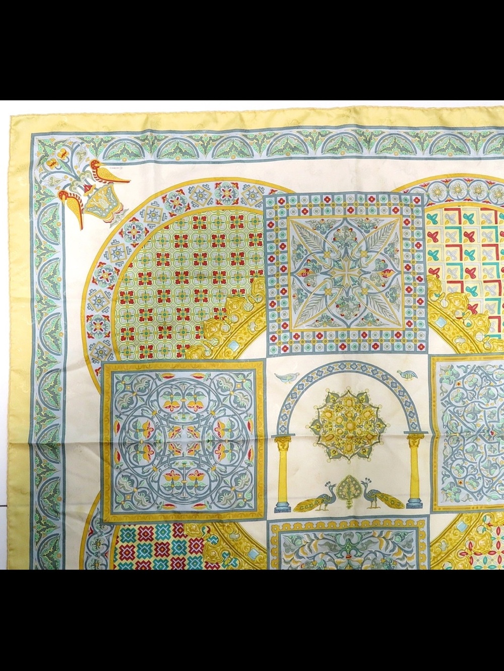 Hermes Yellow, Blue and Green Silk Scarf with Geometric Medallion Motif - Picture 3 of 13